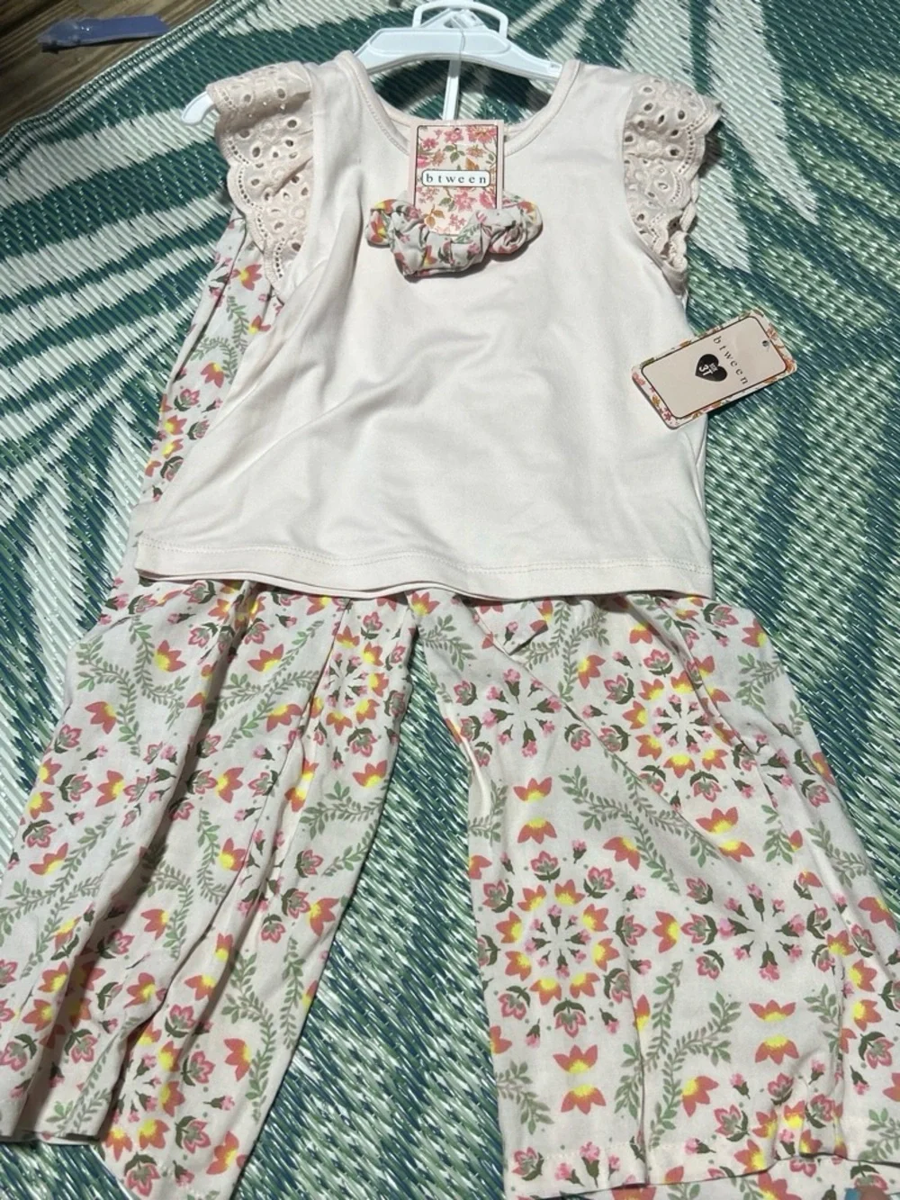 btween Cream Eyelet Sleeve Top with Floral Pajama Pants and Scrunchie